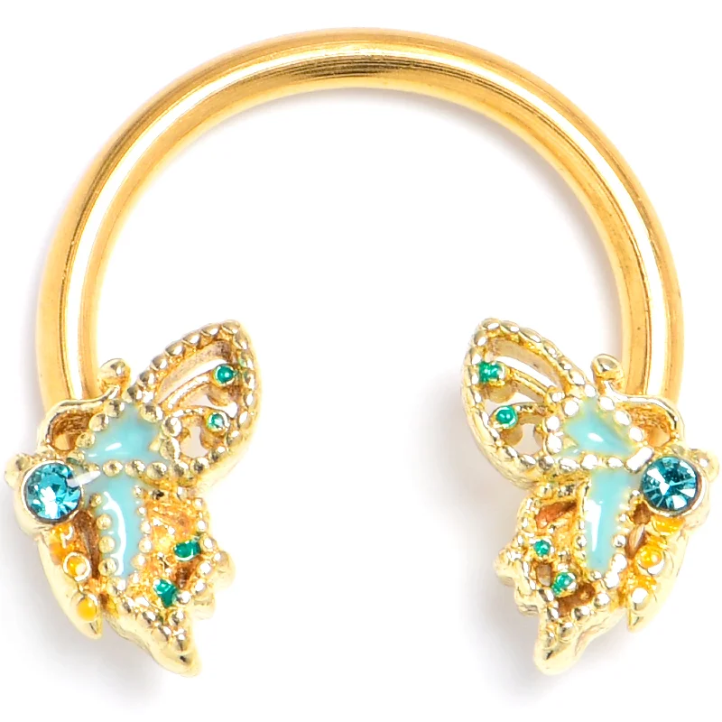 Women's Earrings – Elegant Designs for Every Personality--16 Gauge 3/8 Blue Gem Gold Hue Rococo Butterfly Horseshoe Circular Barbell