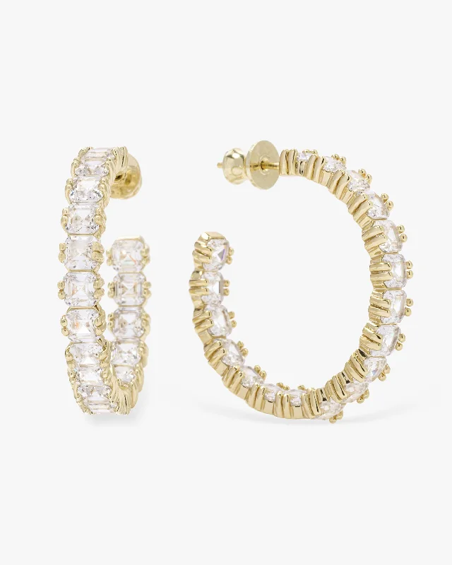 Women's Earrings – Elegant Designs for Every Personality--The Queen's Hoops 1.25" - Gold|White Diamondettes Women's Earrings – Elegant Designs for Every Personality--The Queen's Hoops 1.25" - Gold|White Diamondettes
