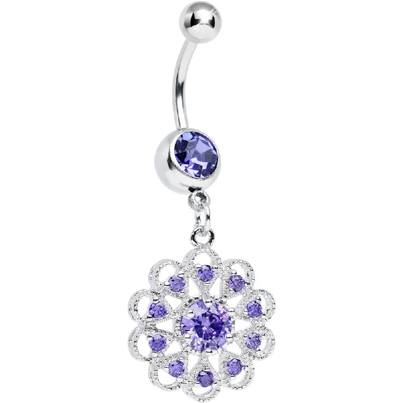 Sparkling Belly Rings for Extra Glamour -Purple CZ Round Crystal Flower Dangle Belly Ring Sparkling Belly Rings for Extra Glamour -Purple CZ Round Crystal Flower Dangle Belly Ring