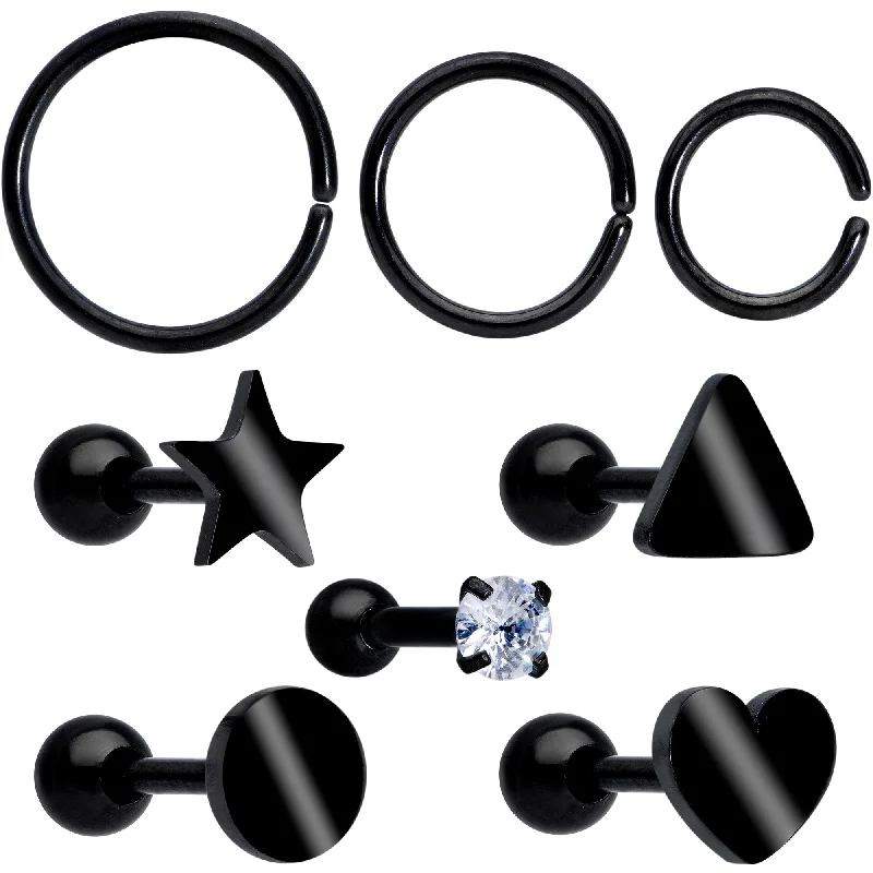 Women's Earrings – Elegant Designs for Every Personality--18 Gauge Clear CZ Gem Black Heart Cartilage Tragus Set of 8
