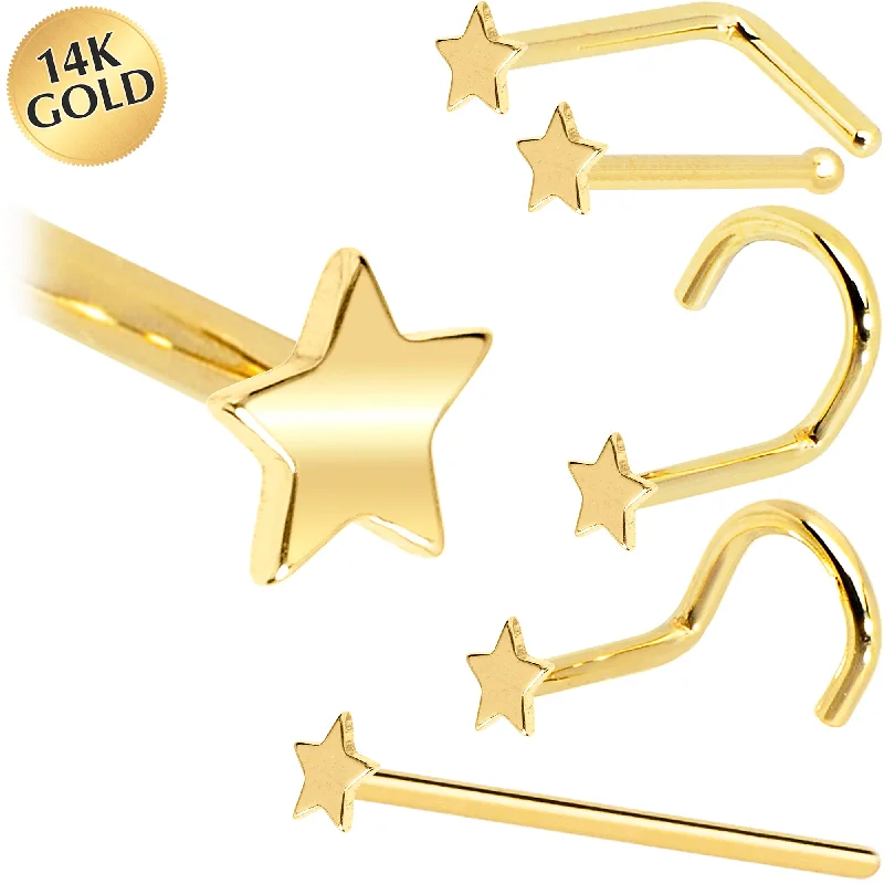 Nose Rings for Simple Style -Solid 14KT Yellow Gold Star Nose Ring
