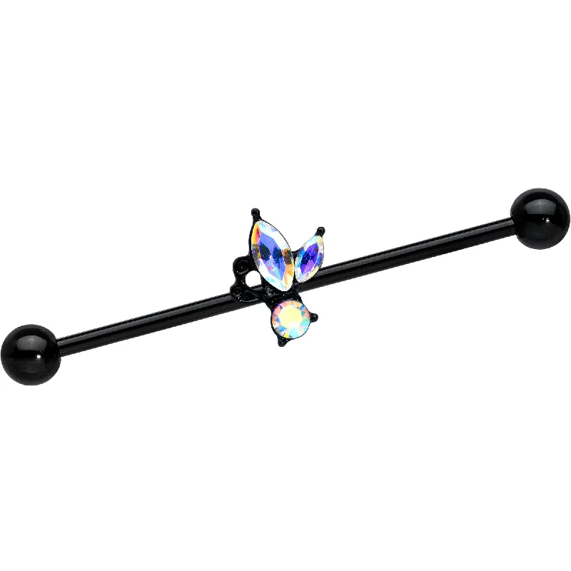 Women's Earrings – Elegant Designs for Every Personality--14 Gauge Aurora CZ Gem Black Fleur de Lis Butterfly Industrial Barbell 38mm Women's Earrings – Elegant Designs for Every Personality--14 Gauge Aurora CZ Gem Black Fleur de Lis Butterfly Industrial Barbell 38mm