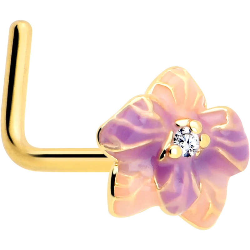 Easy-Fit Nose Rings -20 Gauge 7mm Clear Gem Gold Tone Pastel Flower L Shape Nose Ring Easy-Fit Nose Rings -20 Gauge 7mm Clear Gem Gold Tone Pastel Flower L Shape Nose Ring
