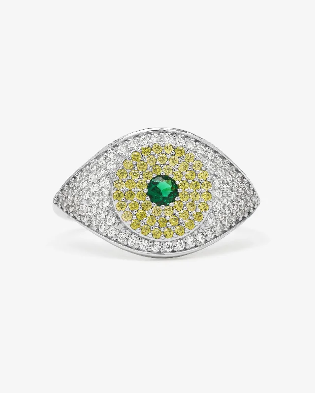 Chic Women's Rings for Fashion-Forward Looks-Green Evil Eye Ring - Silver|Emerald