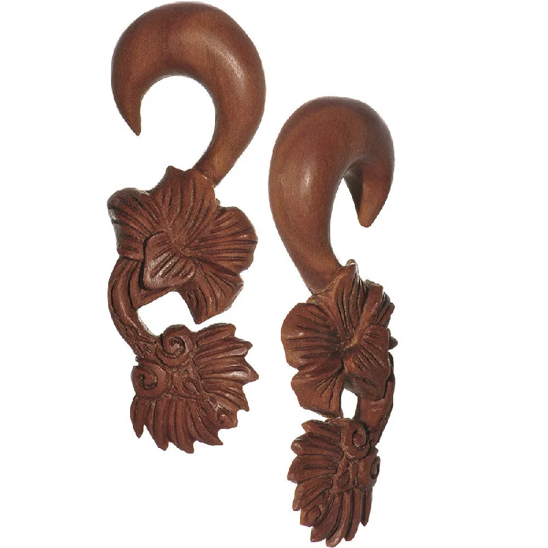 Women's Earrings – Elegant Designs for Every Personality--1/2 Organic Sabo Wood Art Nouveau Flower Hanger Plug Set