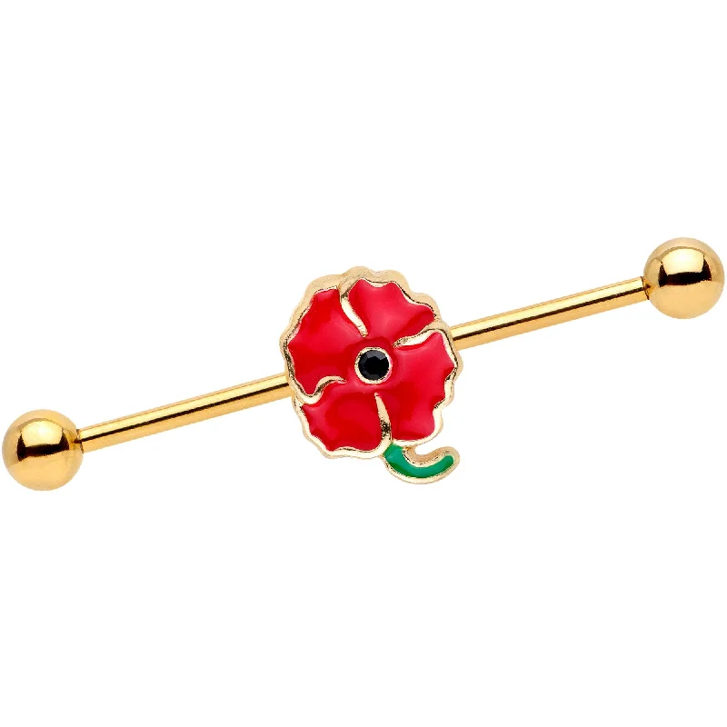 Women's Earrings – Elegant Designs for Every Personality--14 Gauge Clear Gem Gold PVD Red Flower Industrial Barbell 38mm Women's Earrings – Elegant Designs for Every Personality--14 Gauge Clear Gem Gold PVD Red Flower Industrial Barbell 38mm
