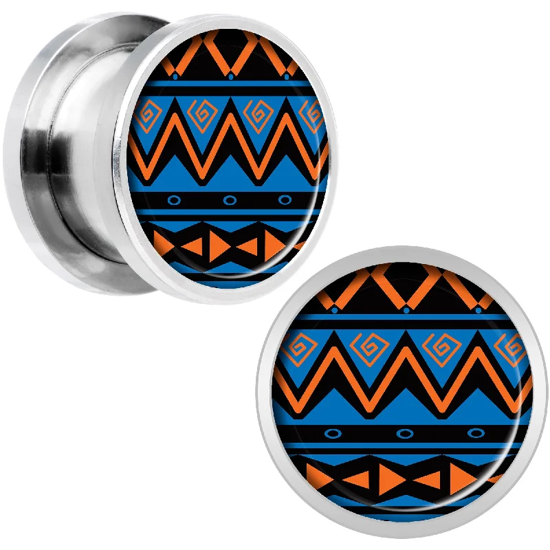 Women's Earrings – Elegant Designs for Every Personality--Blue Orange Tribal Print Steel Screw Fit Plug Set 1/2