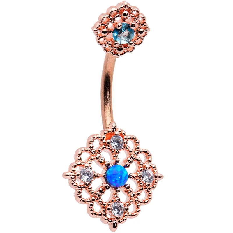 Designer Belly Rings for Glamorous Look -Blue Synthetic Opal Rose Gold Tone Lacy Double Mount Belly Ring Designer Belly Rings for Glamorous Look -Blue Synthetic Opal Rose Gold Tone Lacy Double Mount Belly Ring