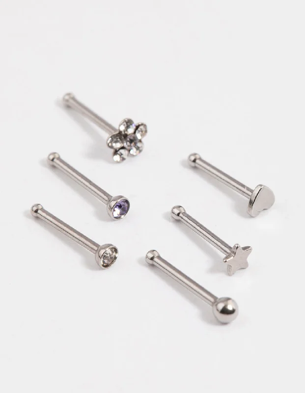 Comfortable Nose Rings with Stylish Touch -Surgical Steel Flower & Star Nose 6-Pack