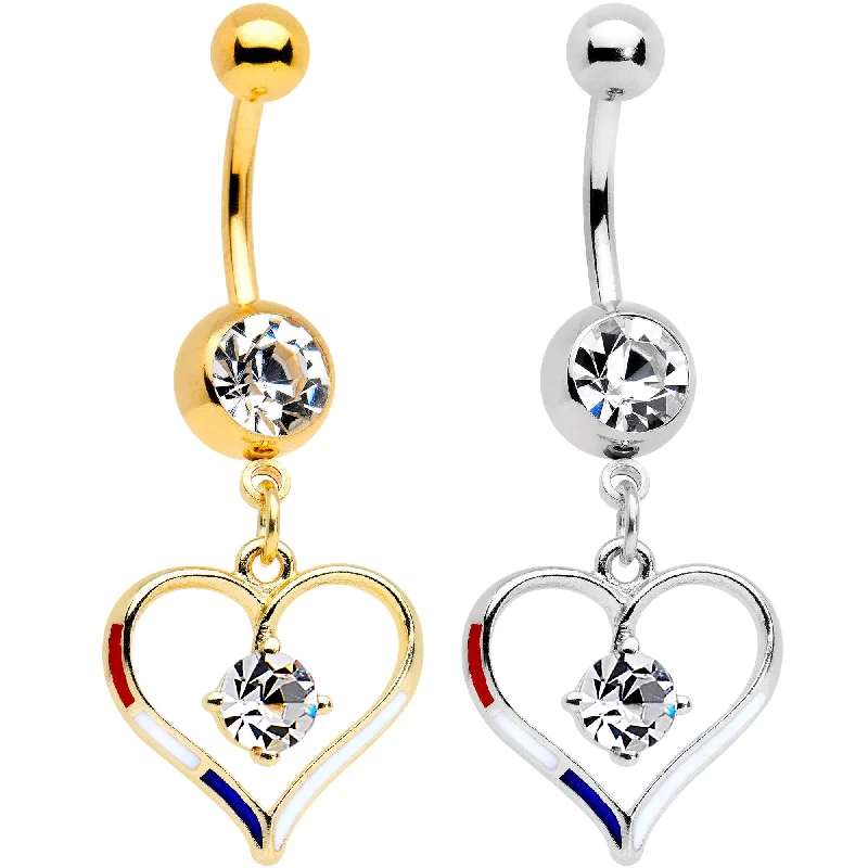 Stylish Belly Rings for Bold Fashion Choices -Clear Gem Gold PVD Red White and Blue Heart Belly Ring Set of 2 Stylish Belly Rings for Bold Fashion Choices -Clear Gem Gold PVD Red White and Blue Heart Belly Ring Set of 2