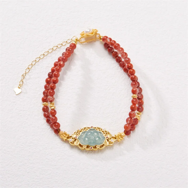 Luxurious Bangles for Women with Gems-Buddha Stones 925 Sterling Silver Plated Gold Natural Red Agate Lotus Jade Calm Double Layer Bracelet Luxurious Bangles for Women with Gems-Buddha Stones 925 Sterling Silver Plated Gold Natural Red Agate Lotus Jade Calm Double Layer Bracelet