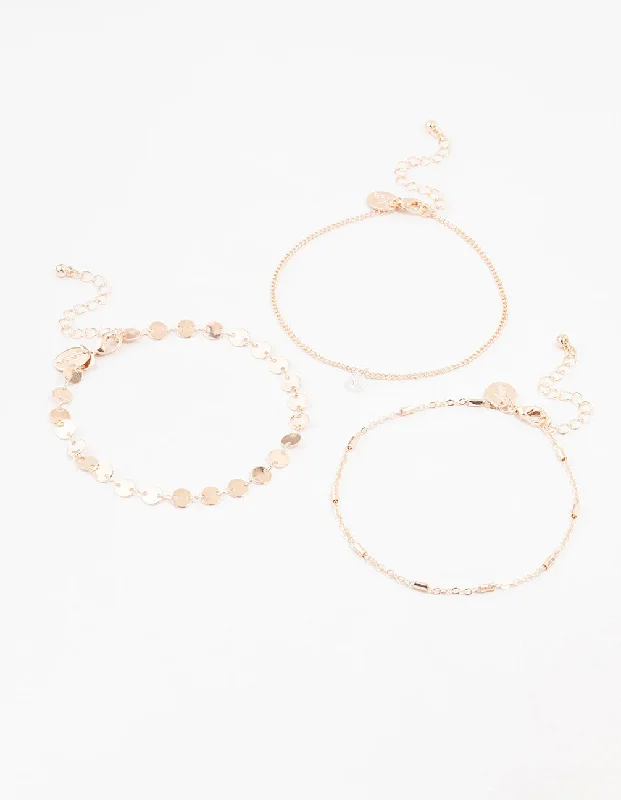 Trendy Anklets for Fashionable Women-Rose Gold Disc Chain Diamante Anklets 3-Pack