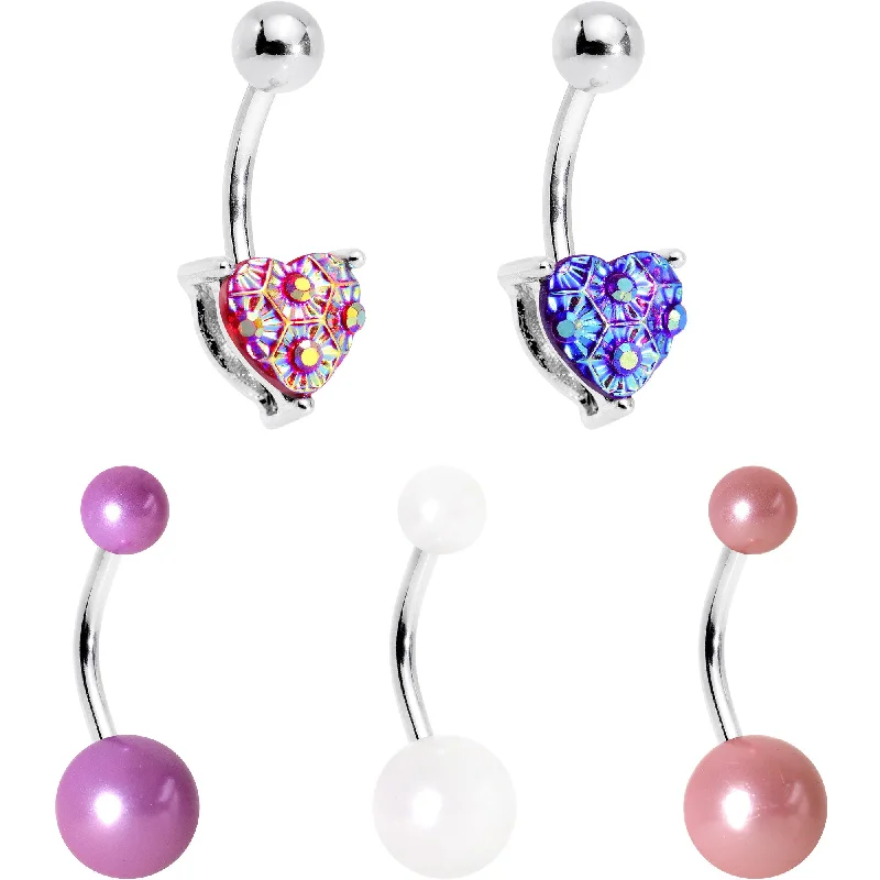 Belly Rings for Casual Fashion -Pink Pastels and Purple Heart Orb Belly Ring Set of 5 Belly Rings for Casual Fashion -Pink Pastels and Purple Heart Orb Belly Ring Set of 5
