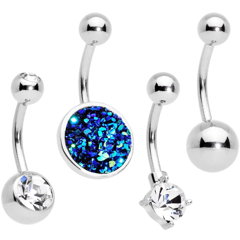 Custom Belly Rings for Exclusive Style -Blue Faux Druzy Clear Gem Belly Ring Set of 4 Custom Belly Rings for Exclusive Style -Blue Faux Druzy Clear Gem Belly Ring Set of 4