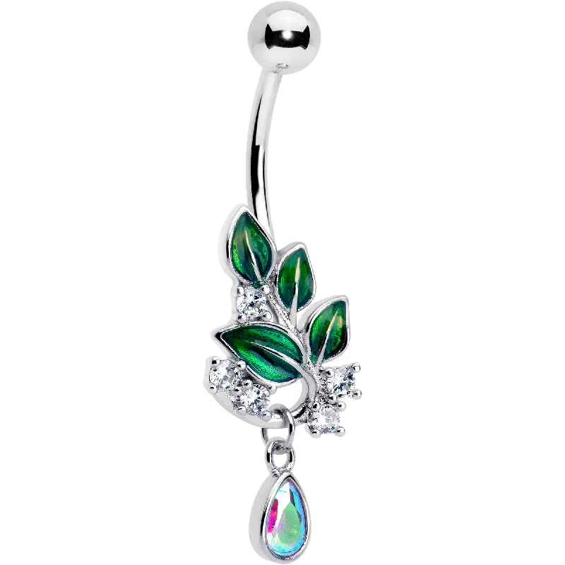 Comfortable Belly Rings with Sleek Design -Aurora CZ Gem Morning Leaves Dangle Belly Ring Comfortable Belly Rings with Sleek Design -Aurora CZ Gem Morning Leaves Dangle Belly Ring