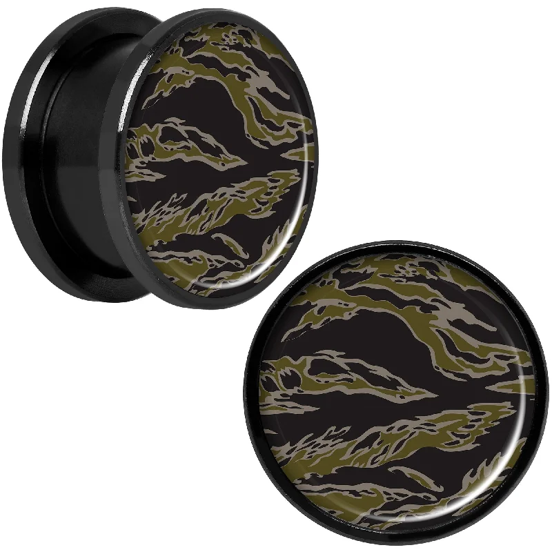 Women's Earrings – Elegant Designs for Every Personality--Tiger Camo Print Black Anodized Screw Fit Plug Set 5/8 Women's Earrings – Elegant Designs for Every Personality--Tiger Camo Print Black Anodized Screw Fit Plug Set 5/8