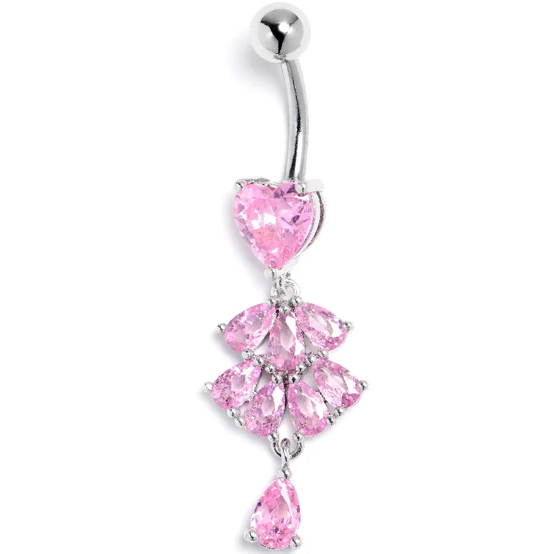 Designer Belly Rings with Artistic Features -Pink Gem Heart Style Cascade Dangle Belly Ring Designer Belly Rings with Artistic Features -Pink Gem Heart Style Cascade Dangle Belly Ring