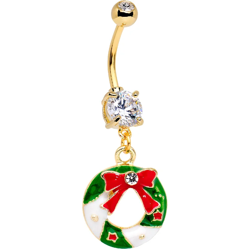 Belly Rings with Vintage Charm -Clear CZ Gem Gold Tone Anodized Christmas Wreath Dangle Belly Ring