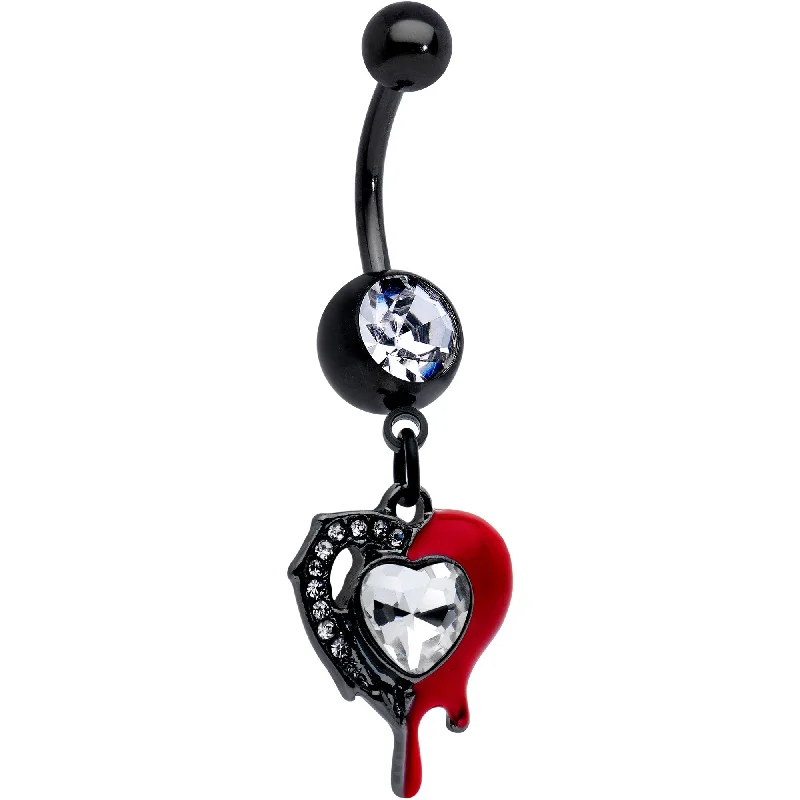 Belly Rings for Chic Fashionistas -Clear Gem Black Bleeding Heart Dangle Belly Ring