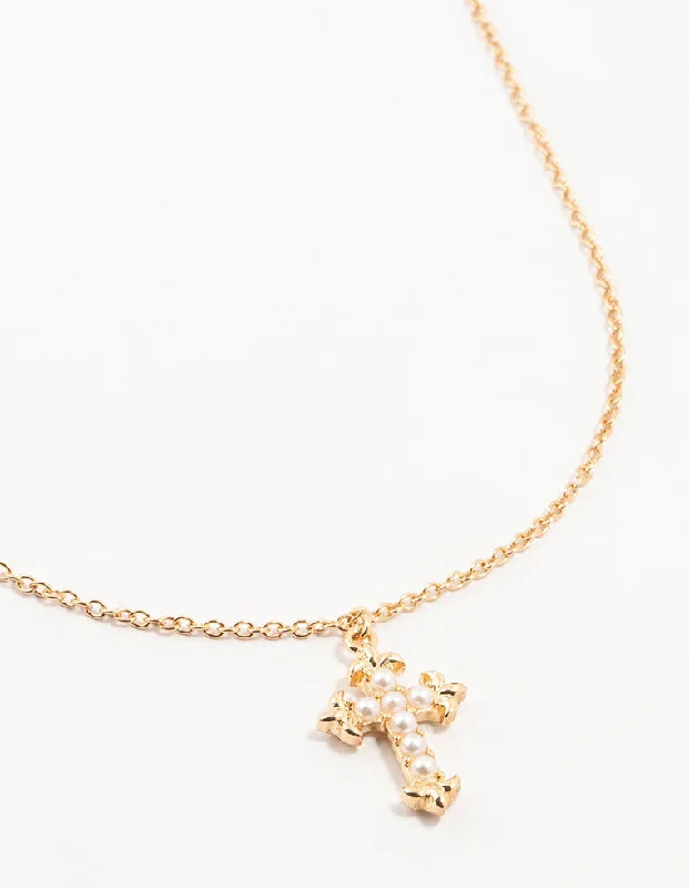 Shop Classic Women's Necklaces & Pendants with a Modern Twist-Gold Pearl Cross Necklace Shop Classic Women's Necklaces & Pendants with a Modern Twist-Gold Pearl Cross Necklace