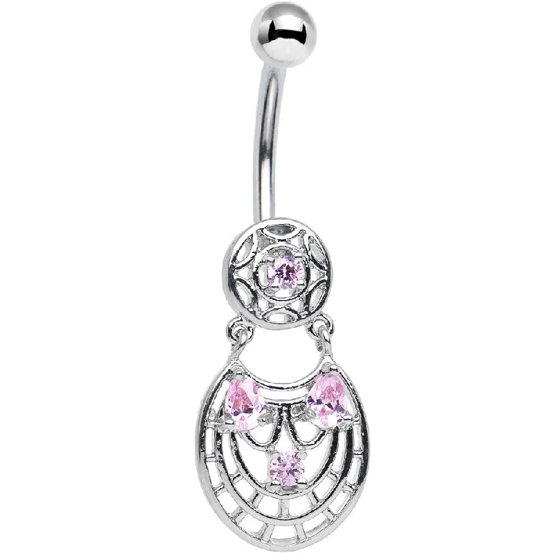 Comfortable Belly Rings for Long-Wear Fashion -Pink CZ Gem Circular Woven Pattern Dangle Belly Ring Comfortable Belly Rings for Long-Wear Fashion -Pink CZ Gem Circular Woven Pattern Dangle Belly Ring