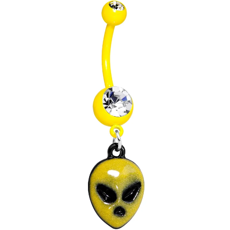Belly Rings with Exotic Designs -Clear Gem Yellow Glow in the Dark Grumpy Alien Dangle Belly Ring Belly Rings with Exotic Designs -Clear Gem Yellow Glow in the Dark Grumpy Alien Dangle Belly Ring