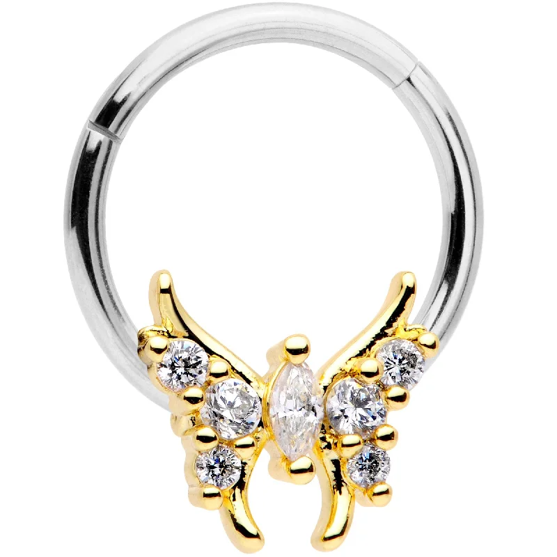 Lip Rings with Precious Gemstones16 Gauge 3/8 Clear CZ Gold Tone Butterfly Hinged Segment Ring Lip Rings with Precious Gemstones16 Gauge 3/8 Clear CZ Gold Tone Butterfly Hinged Segment Ring