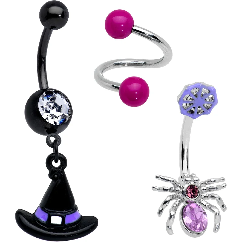 Stylish Belly Rings for Bold Fashion Choices -Purple Gem Black Witch Spider Spiral Halloween Belly Ring Set of 3 Stylish Belly Rings for Bold Fashion Choices -Purple Gem Black Witch Spider Spiral Halloween Belly Ring Set of 3