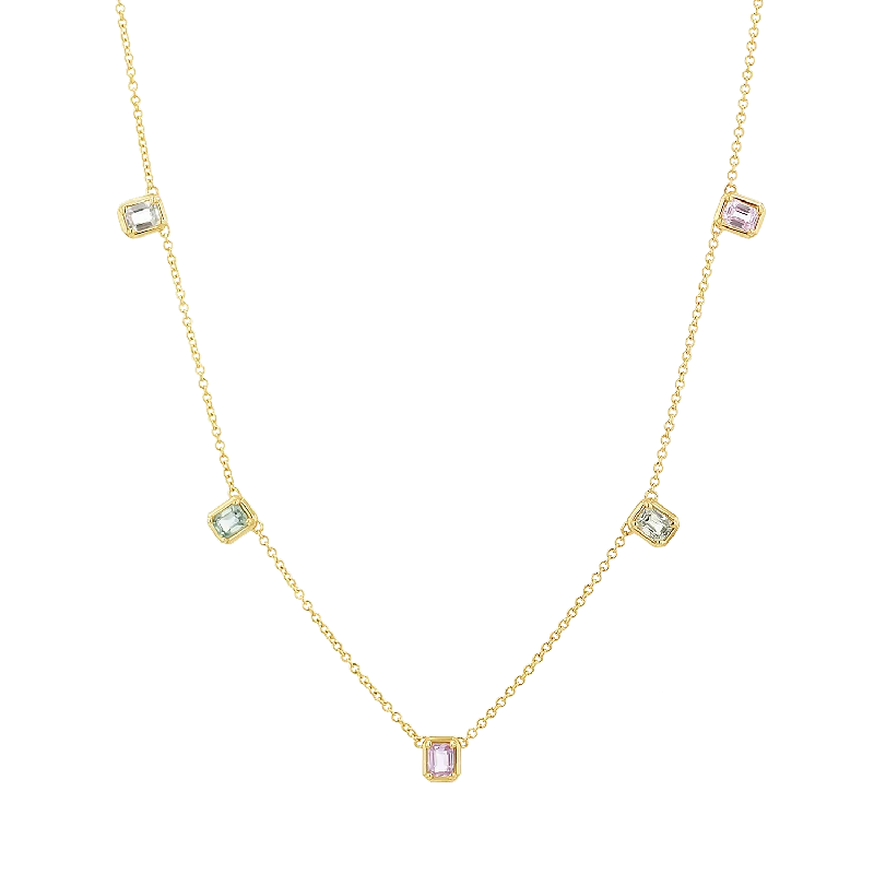 Shop Classic Women's Necklaces & Pendants with a Modern Twist-Emerald Cut Sapphire Station Necklace Shop Classic Women's Necklaces & Pendants with a Modern Twist-Emerald Cut Sapphire Station Necklace