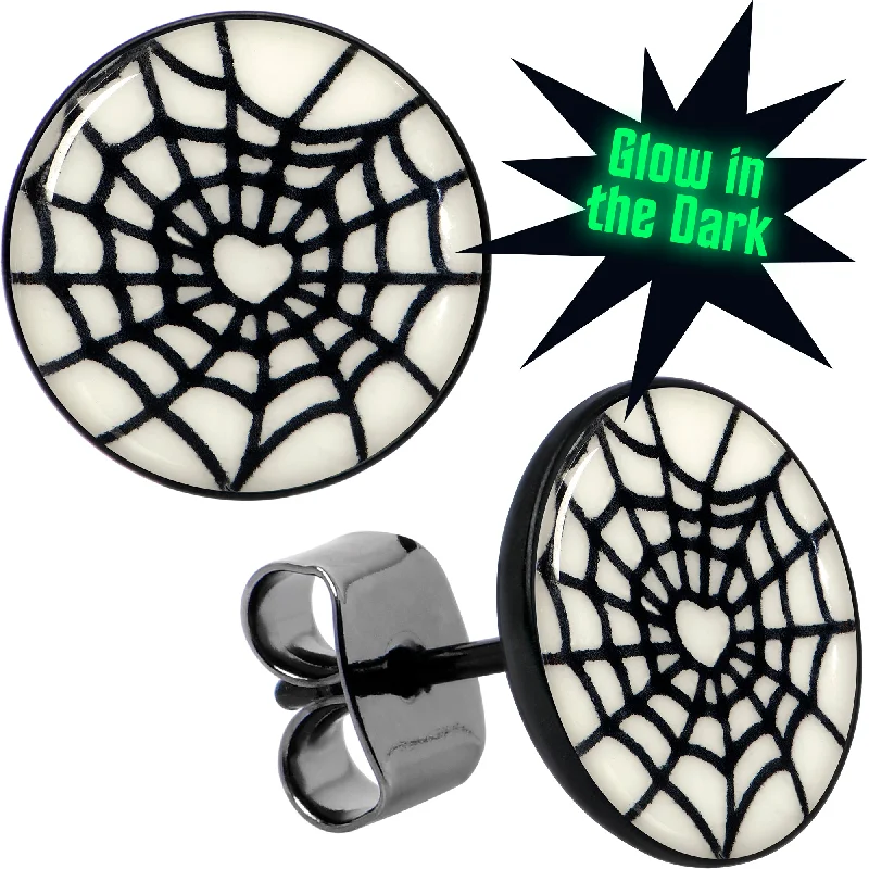 Women's Earrings – Elegant Designs for Every Personality--Black Anodized Steel Heart Spider Web Glow in the Dark Stud Earrings Women's Earrings – Elegant Designs for Every Personality--Black Anodized Steel Heart Spider Web Glow in the Dark Stud Earrings
