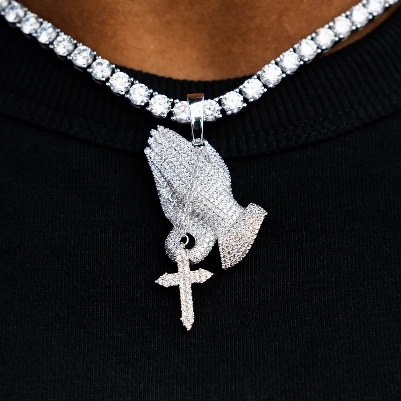 Exclusive Men's Necklaces & Pendants for the Modern Gentleman-Iced Praying Hands in White Gold Exclusive Men's Necklaces & Pendants for the Modern Gentleman-Iced Praying Hands in White Gold