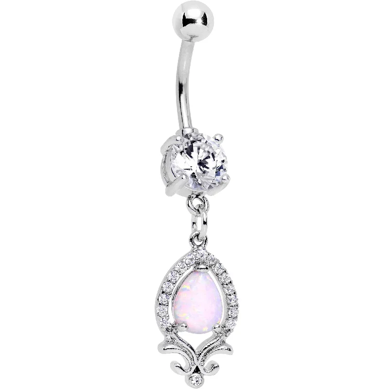 Designer Belly Rings for Fashion-Forward Women -Iridescent White Faux Opal Florence Swirl Art Deco Dangle Belly Ring Designer Belly Rings for Fashion-Forward Women -Iridescent White Faux Opal Florence Swirl Art Deco Dangle Belly Ring
