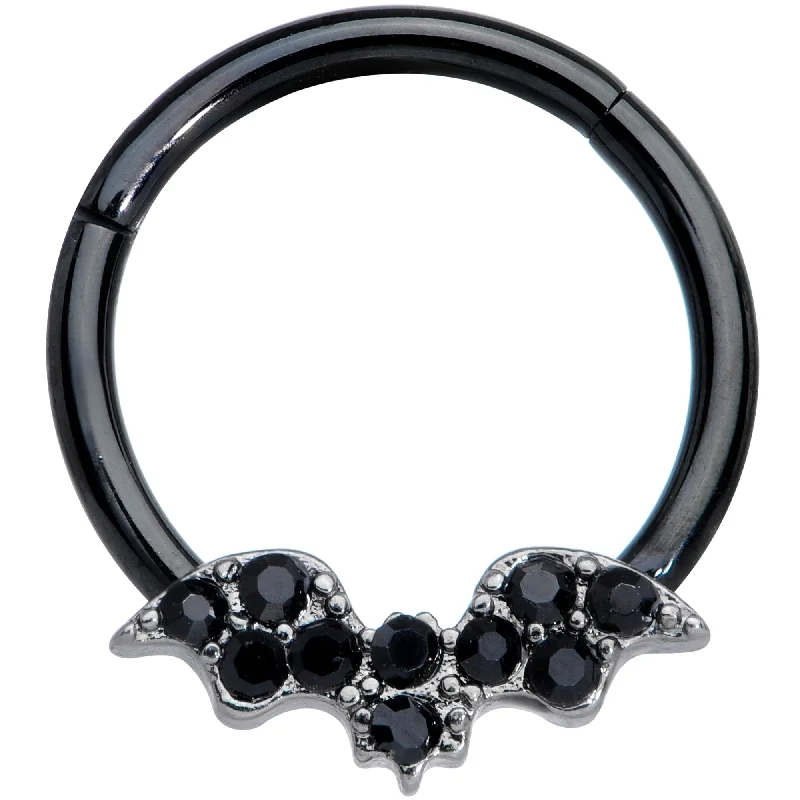 Nose Rings for Women -16 Gauge 3/8 Black Gem Black Plated Bat Hinged Segment Ring
