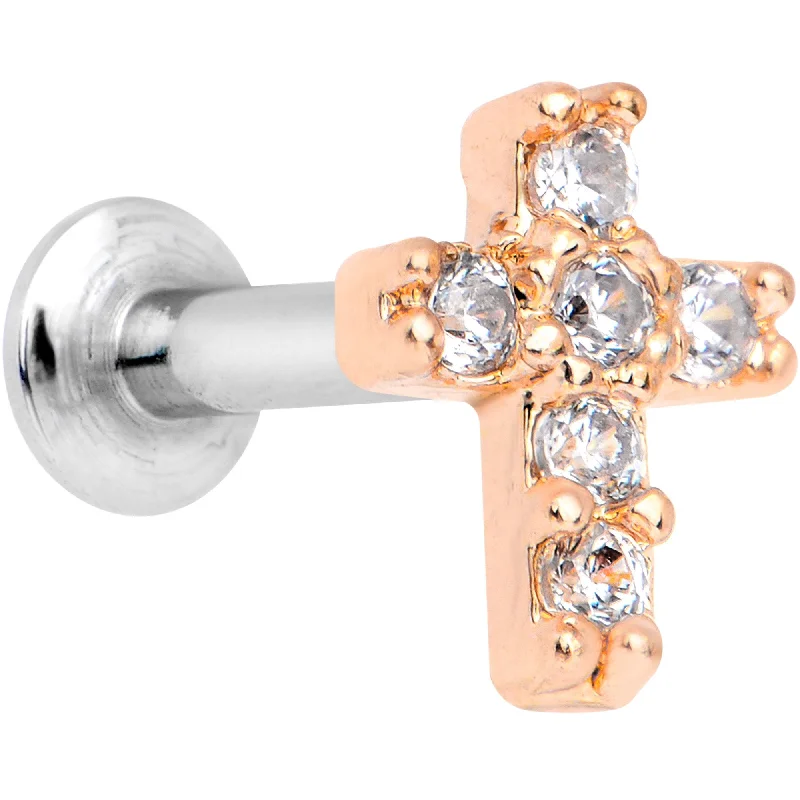 Beautiful Lip Rings for Every Style1/4 Clear CZ Internally Threaded Rose Gold Tone Cross Labret Monroe