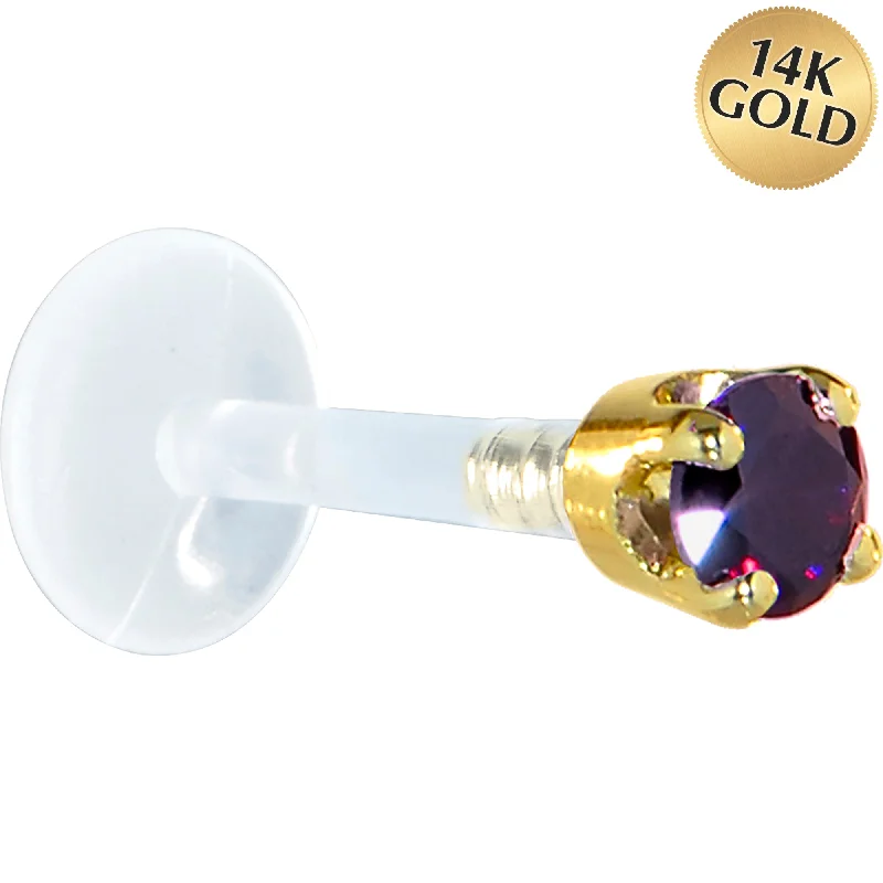 Women's Earrings – Elegant Designs for Every Personality--16 Gauge 5/16 Solid 14KT Yellow Gold 3mm Amethyst Cubic Zirconia Bioplast Tragus Earring Stud
