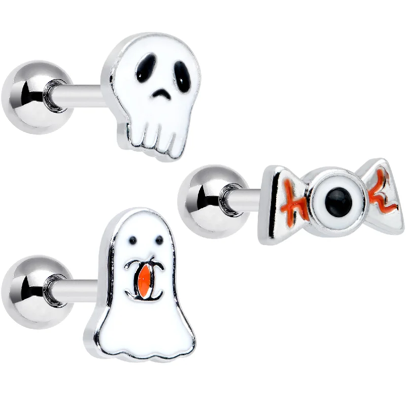 Women's Earrings – Elegant Designs for Every Personality--16 Gauge 1/4 Ghost Skull Eye Candy Halloween Cartilage Tragus Set of 3