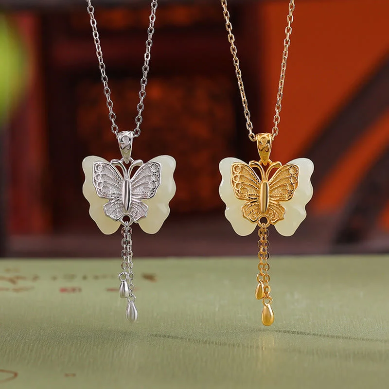 Shop Classic Women's Necklaces & Pendants with a Modern Twist-Buddha Stones 925 Sterling Silver Plated Gold Hetian White Jade Butterfly Blessing Necklace Pendant Shop Classic Women's Necklaces & Pendants with a Modern Twist-Buddha Stones 925 Sterling Silver Plated Gold Hetian White Jade Butterfly Blessing Necklace Pendant