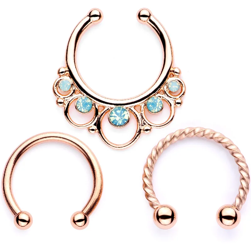 Silver Nose Rings -16 Gauge Teal Faux Opal Rose Gold Tone Twisted Horseshoe Clip On Fake Septum Ring Set