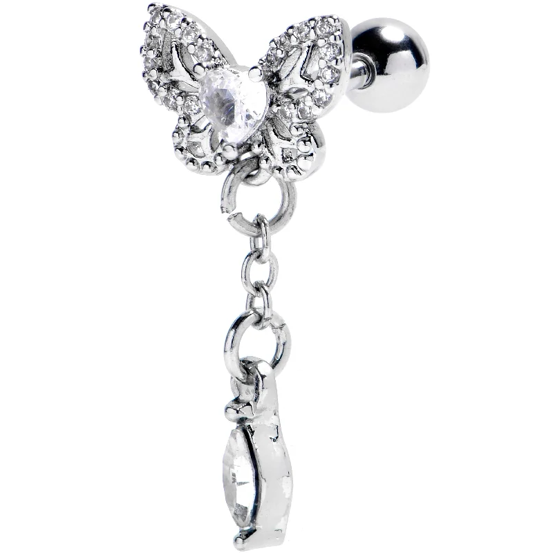 Women's Earrings – Elegant Designs for Every Personality--16 Gauge 1/4 Clear CZ Gem Butterfly Delight Dangle Cartilage Earring