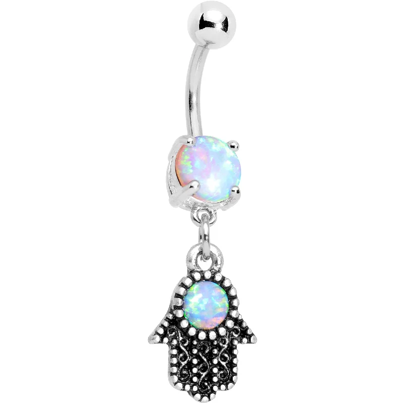 Belly Rings for Creative Fashionistas -White Synthetic Opal Hamsa Hand Dangle Belly Ring Belly Rings for Creative Fashionistas -White Synthetic Opal Hamsa Hand Dangle Belly Ring