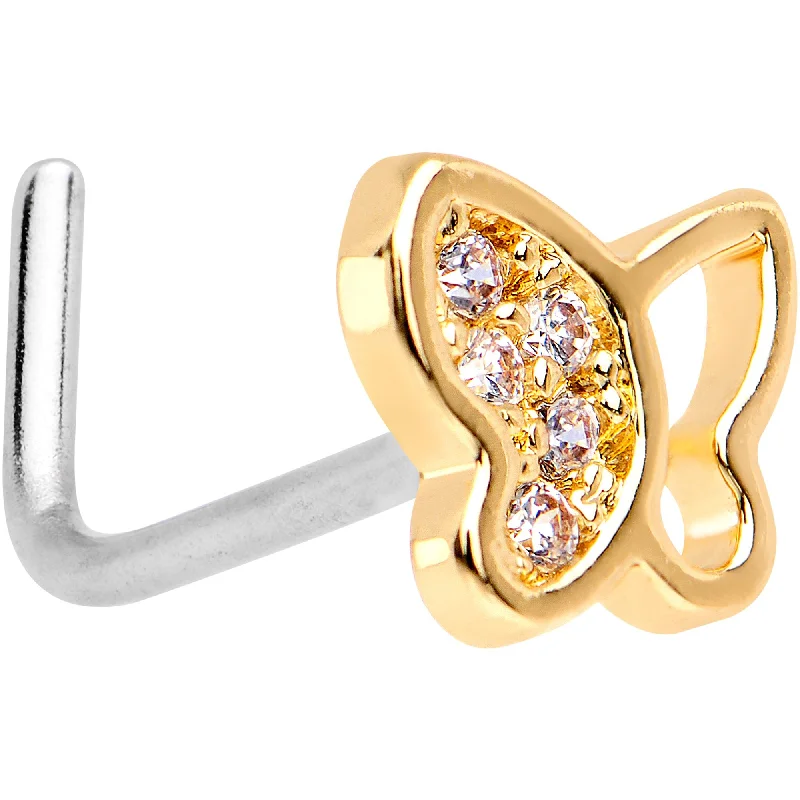 Nose Rings for Daily Wear -20 Gauge 1/4 Clear CZ Gem Gold Tone Butterfly L Shaped Nose Ring Nose Rings for Daily Wear -20 Gauge 1/4 Clear CZ Gem Gold Tone Butterfly L Shaped Nose Ring