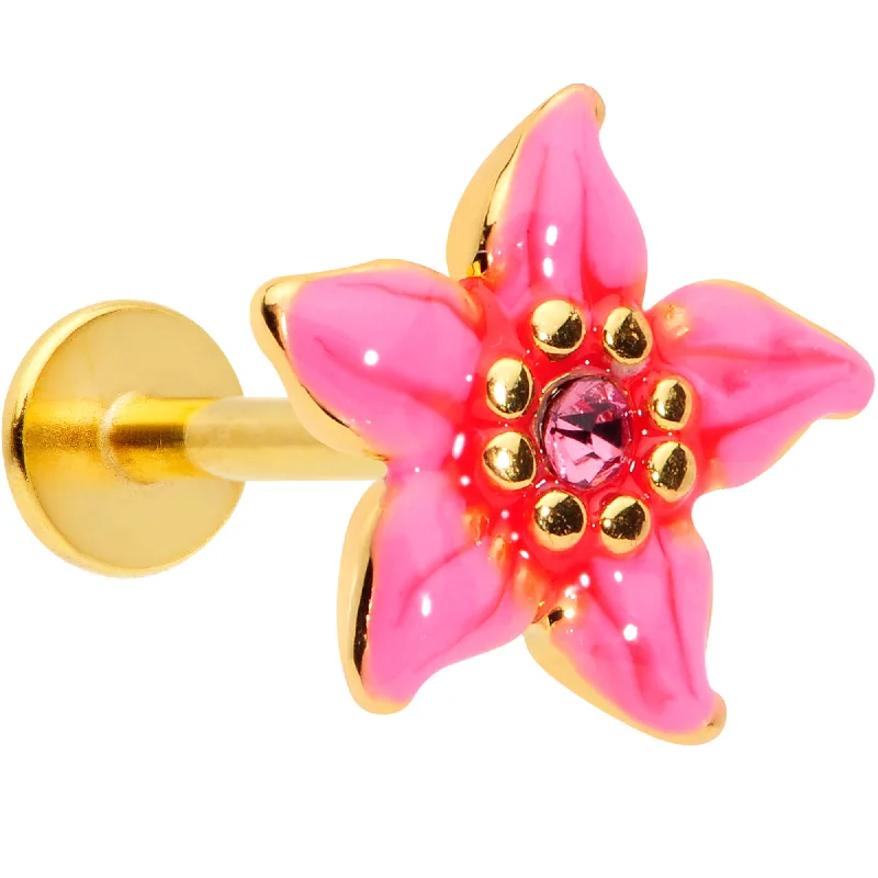 Comfortable Lip Rings for Casual Looks16 Gauge 5/16 Pink Gem Gold Tone Exotic Flower Labret Monroe Tragus