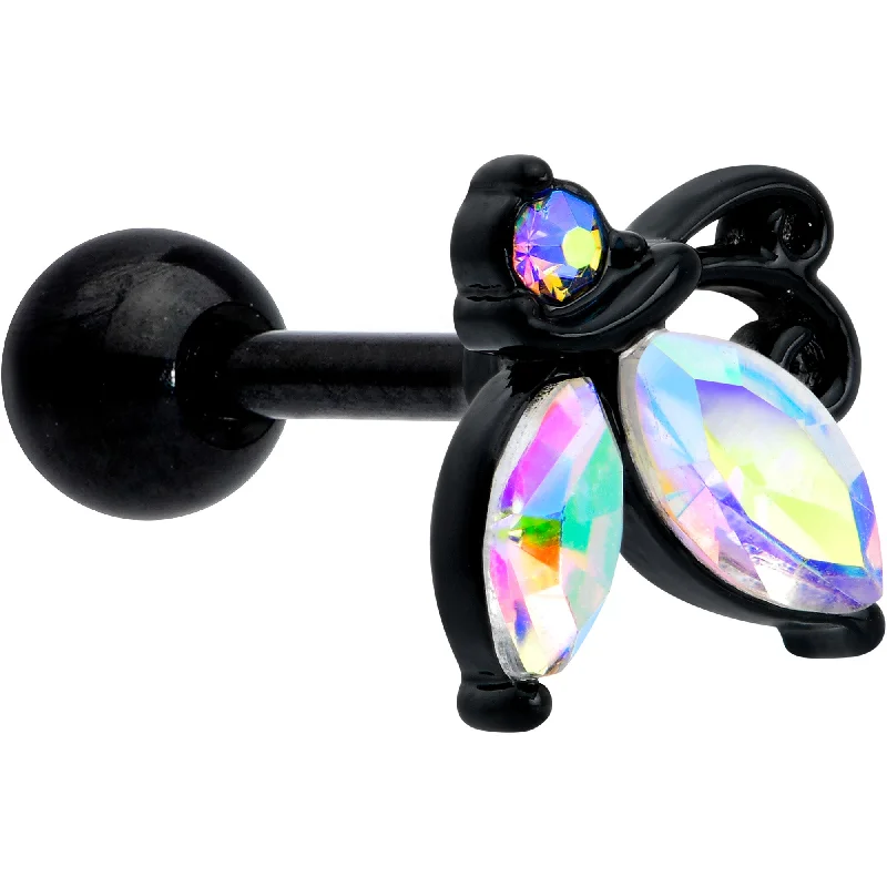 Women's Earrings – Elegant Designs for Every Personality--16 Gauge 1/4 Aurora CZ Gem Black Fleur de Lis Butterfly Cartilage Tragus Earring