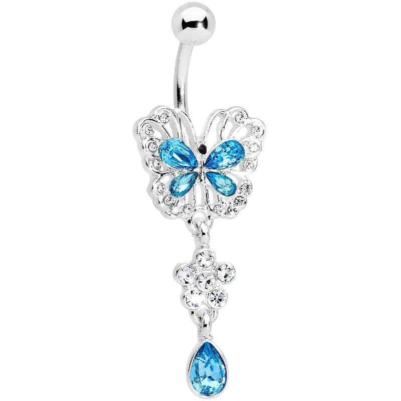 Belly Rings with Unique Features for Modern Style -Clear Aqua Gem Lacy Butterfly Flower Drop Dangle Belly Ring Belly Rings with Unique Features for Modern Style -Clear Aqua Gem Lacy Butterfly Flower Drop Dangle Belly Ring