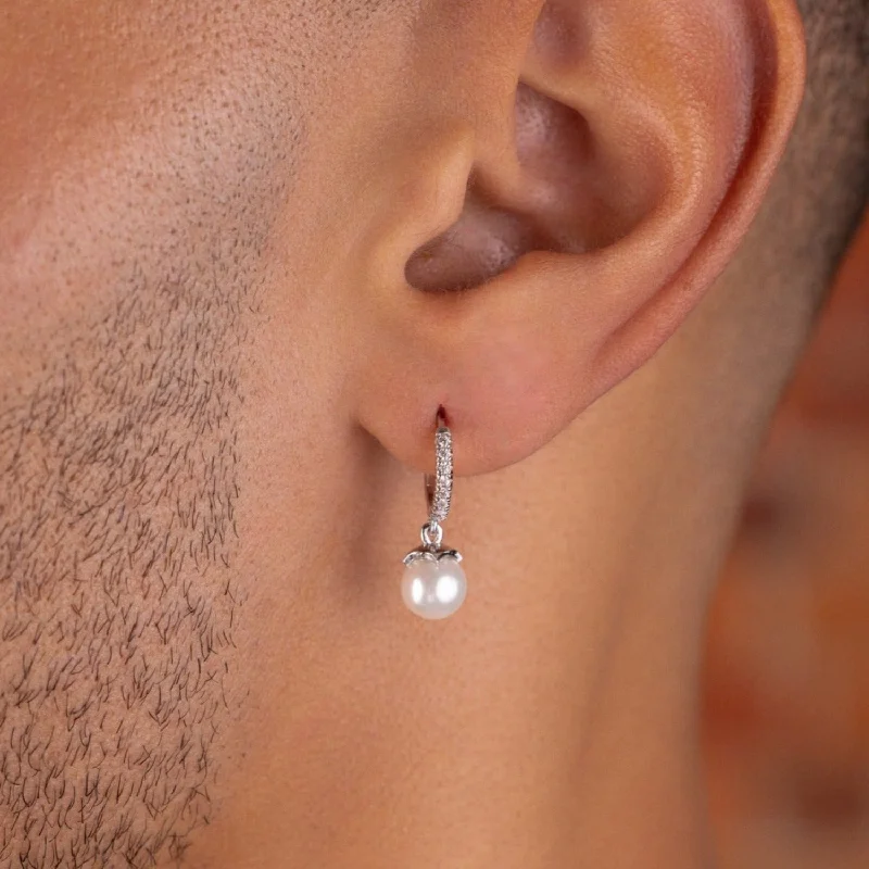 Shop Durable Men's Earrings for Everyday Wear-Pave Huggie Pearl Drop Earrings in White Gold Shop Durable Men's Earrings for Everyday Wear-Pave Huggie Pearl Drop Earrings in White Gold