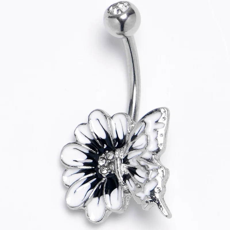 Designer Belly Rings with Unique Details -Clear Gem Internally Threaded White Flower Butterfly Belly Ring Designer Belly Rings with Unique Details -Clear Gem Internally Threaded White Flower Butterfly Belly Ring