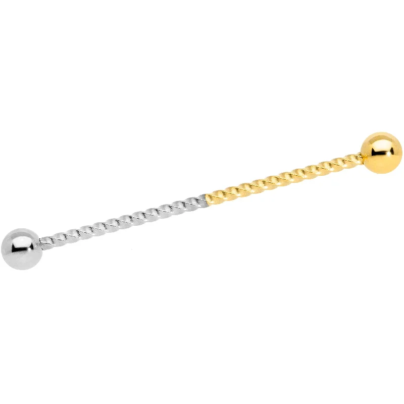Women's Earrings – Elegant Designs for Every Personality--14 Gauge Gold Tone Steel Two Tone Twisted Industrial Barbell 38mm