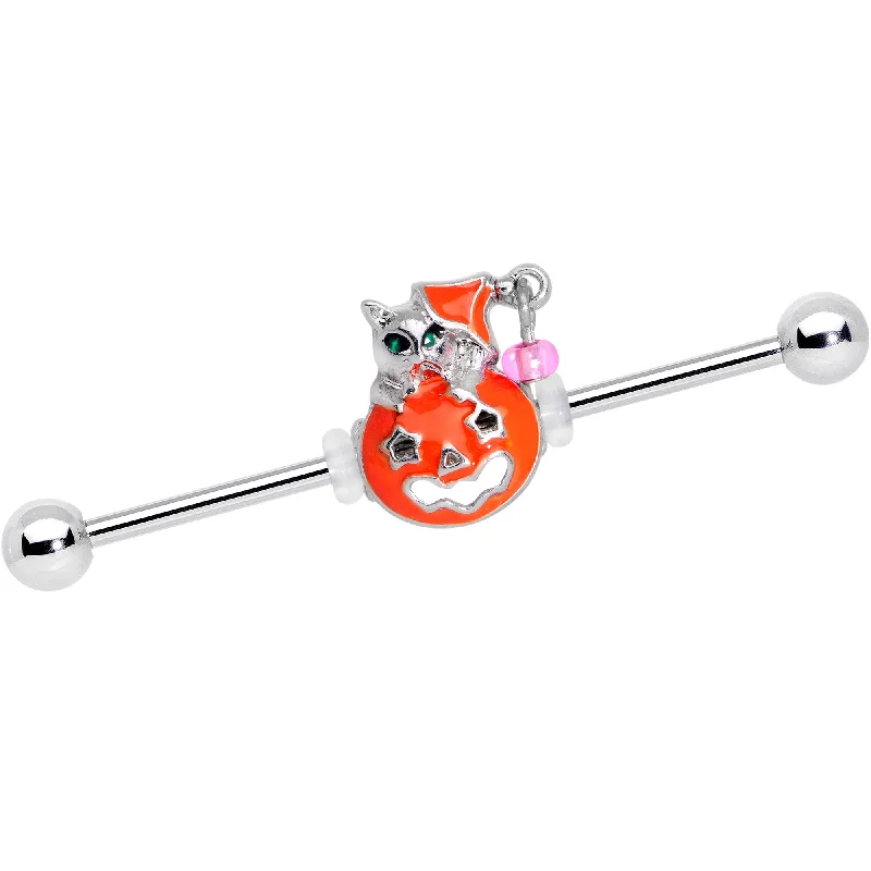 Women's Earrings – Elegant Designs for Every Personality--14 Gauge Pink Gem Kitty Pumpkin Halloween Industrial Barbell 38mm