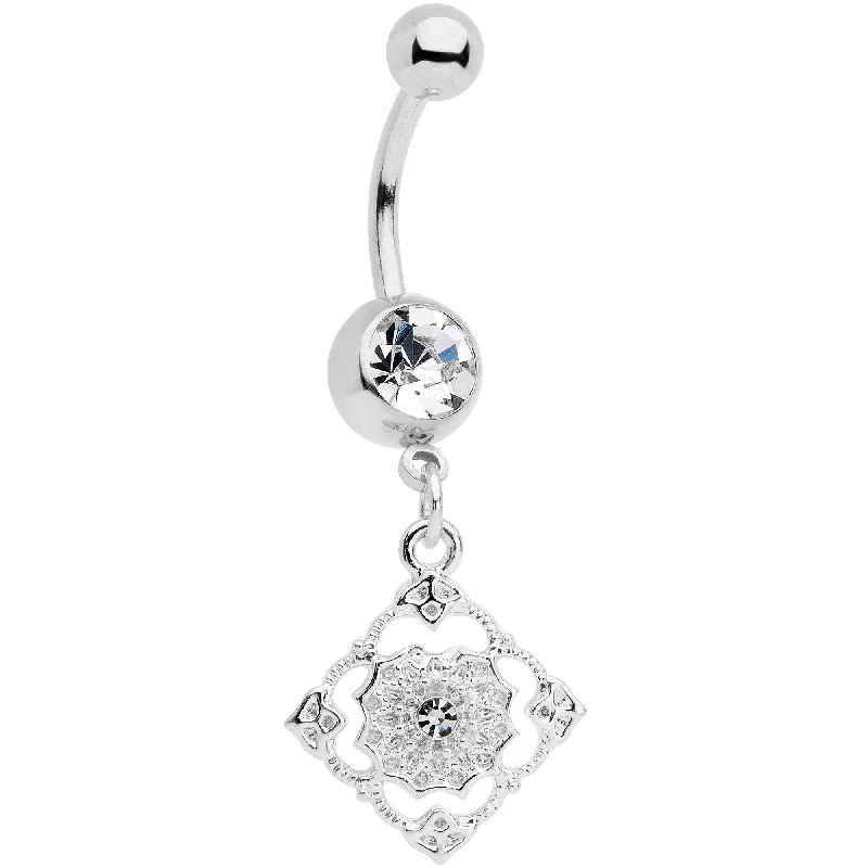 Comfortable Belly Rings for Sensitive Piercings -Clear Gem Art Deco Antique Style Elegance Dangle Belly Ring Comfortable Belly Rings for Sensitive Piercings -Clear Gem Art Deco Antique Style Elegance Dangle Belly Ring