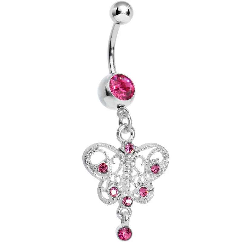 Fashionable Belly Rings for Exclusive Looks -Pink Gem Hollow Butterfly Swirl Dangle Belly Ring Fashionable Belly Rings for Exclusive Looks -Pink Gem Hollow Butterfly Swirl Dangle Belly Ring